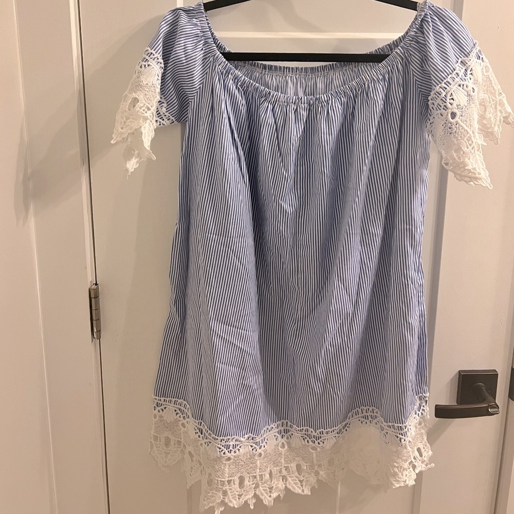 Blue and white lace off the shoulder top